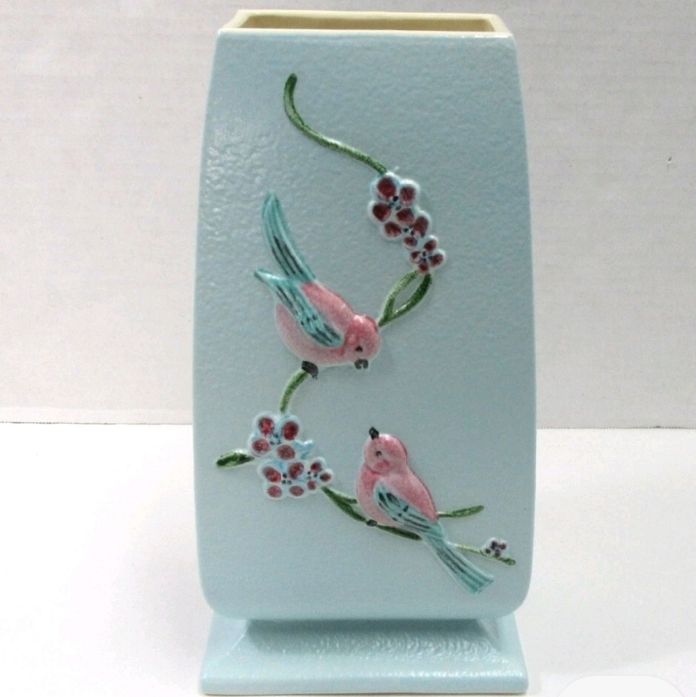 Vintage Hull Pottery Serenade Pattern Rectagular Chickadee Vase in Turquoise
